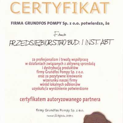 Certyfikat autoryzowanego partnera Grundfos 2004