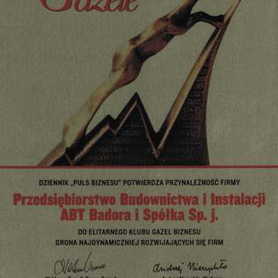 Certyfikat przynależności do klubu Gazel Biznesu 2006