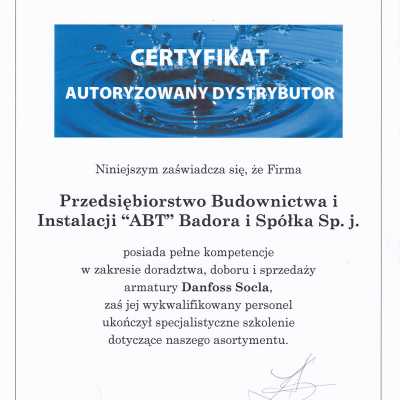 Certyfikat autoryzowanego dystrybutora Danfoss Socla 2007
