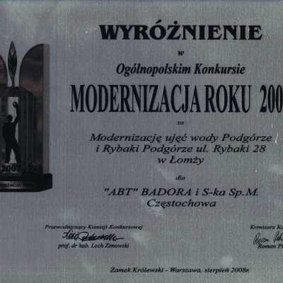 Wyróżnienie w Ogólnopolskim Konkursie Modernizacja Roku 2007