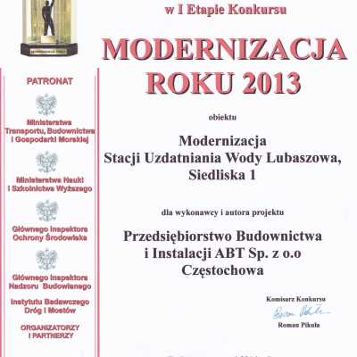 Dyplom za udział w I Etapie Konkursu Modernizacja Roku 2013