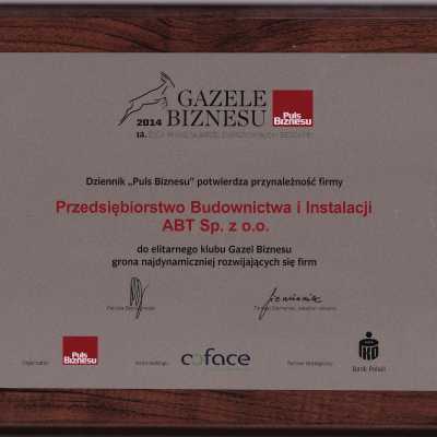 Certyfikat przynależności do klubu Gazel Biznesu 2014